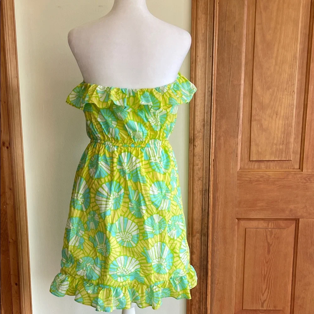 LILLY PULITZER Flor Pink Label Strapless Ruffle Mini Dress Green Yellow VTG - Picture 9 of 17